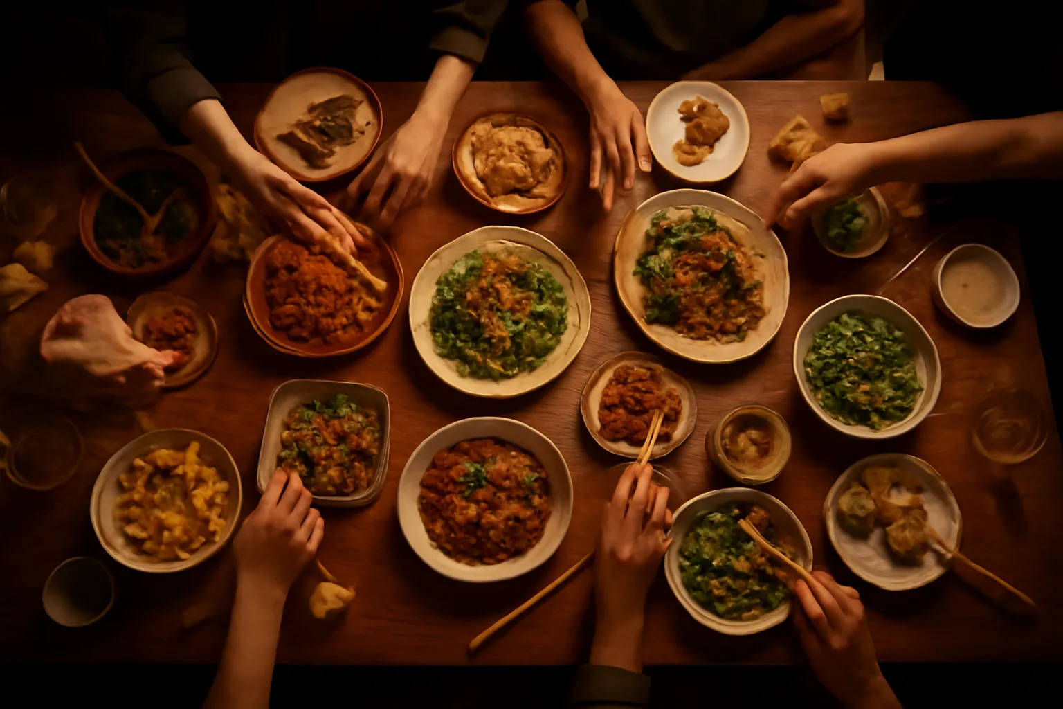 Bàn ăn đông người nhìn từ trên với nhiều đĩa món và bát đũa
