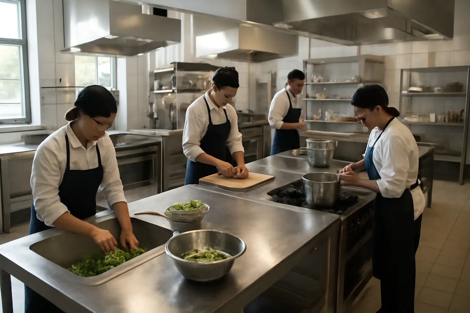 Nhiều người cùng làm việc ở các bàn sơ chế khác nhau trong bếp lớn