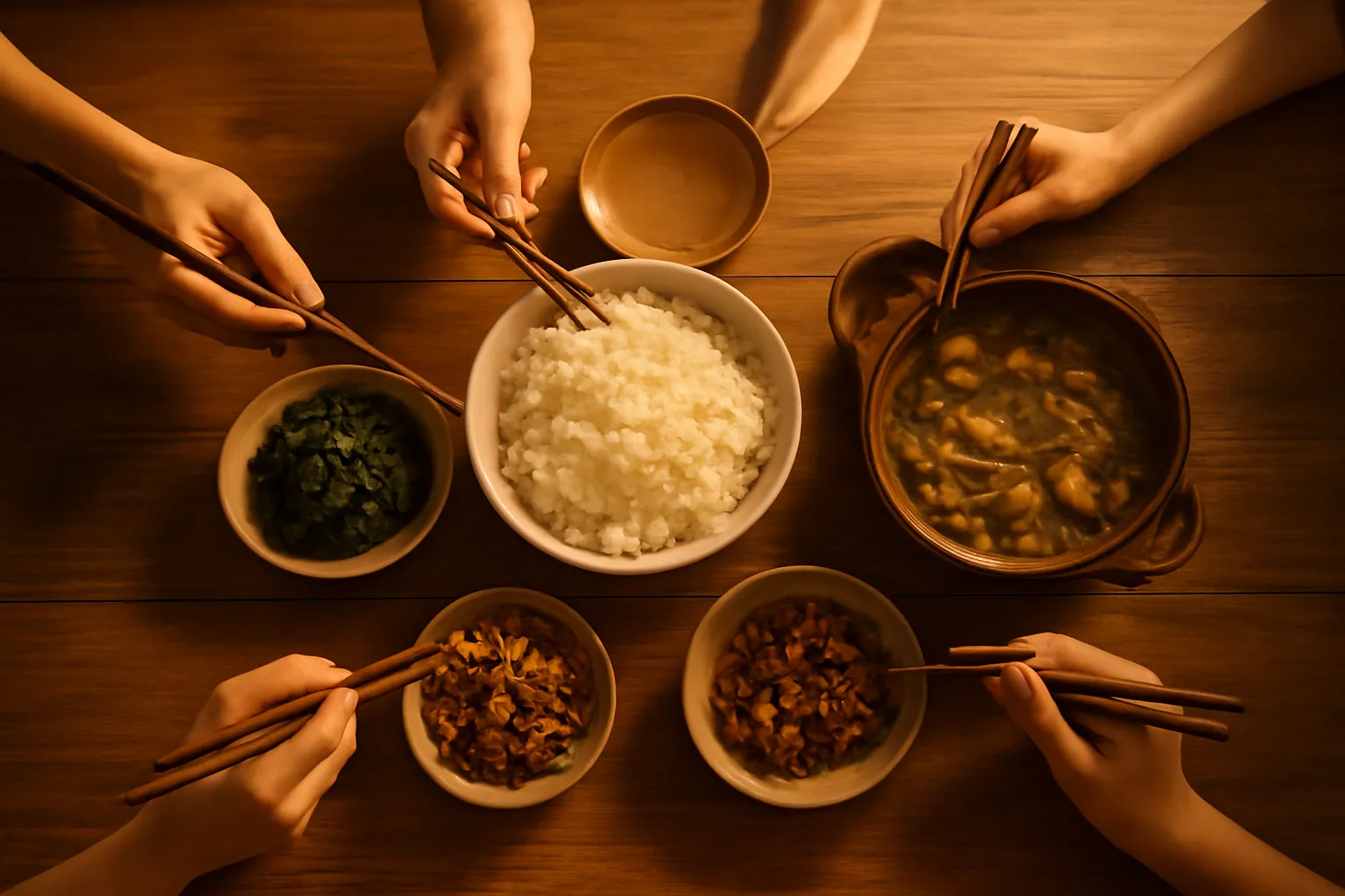 Mâm cơm gia đình bốn món với nhiều người ngồi quanh bàn