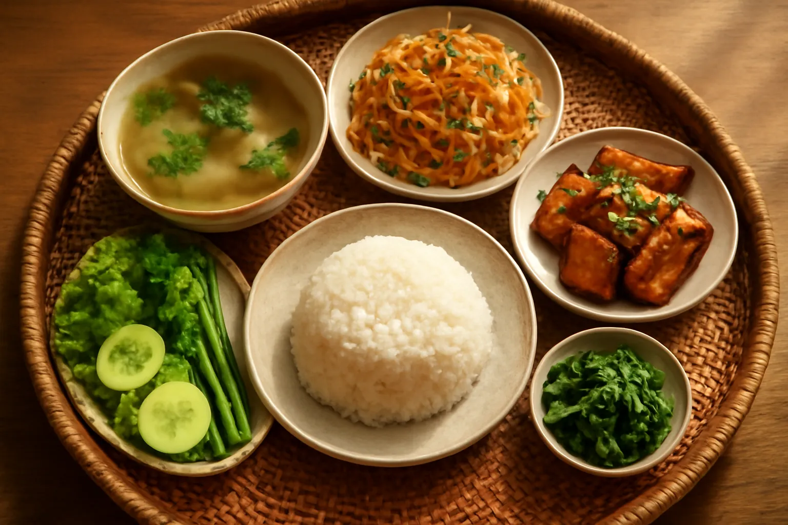 Mâm cỗ chay nhiều đĩa nhỏ với xôi, canh, món xào và món kho
