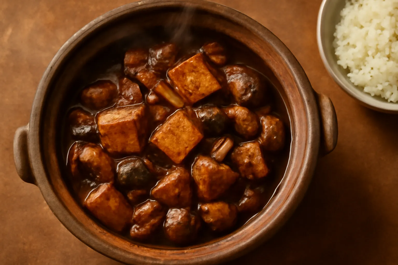 Nồi đất kho đậu hũ và nấm màu nâu cánh gián rắc tiêu