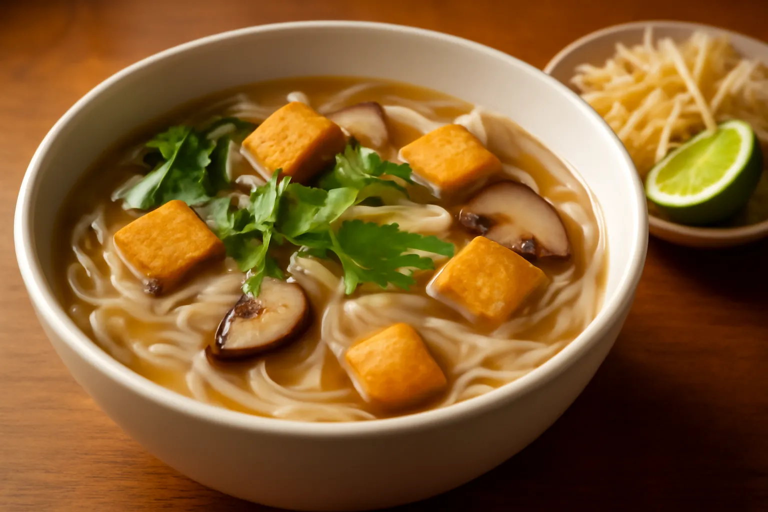 Bát phở chay với bánh phở, đậu hũ và rau thơm rắc trên mặt