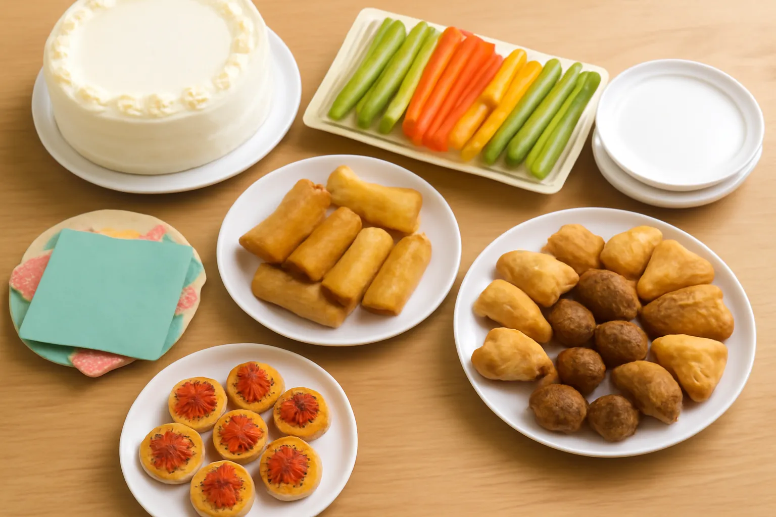 Bàn tiệc nhẹ với nhiều đĩa nhỏ và bánh, không phải mâm cỗ