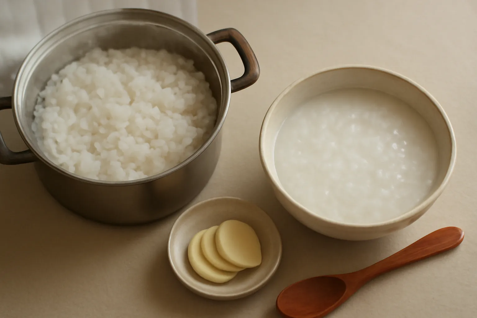 Nồi cơm trắng mở nắp bốc hơi cạnh bát cháo trắng loãng