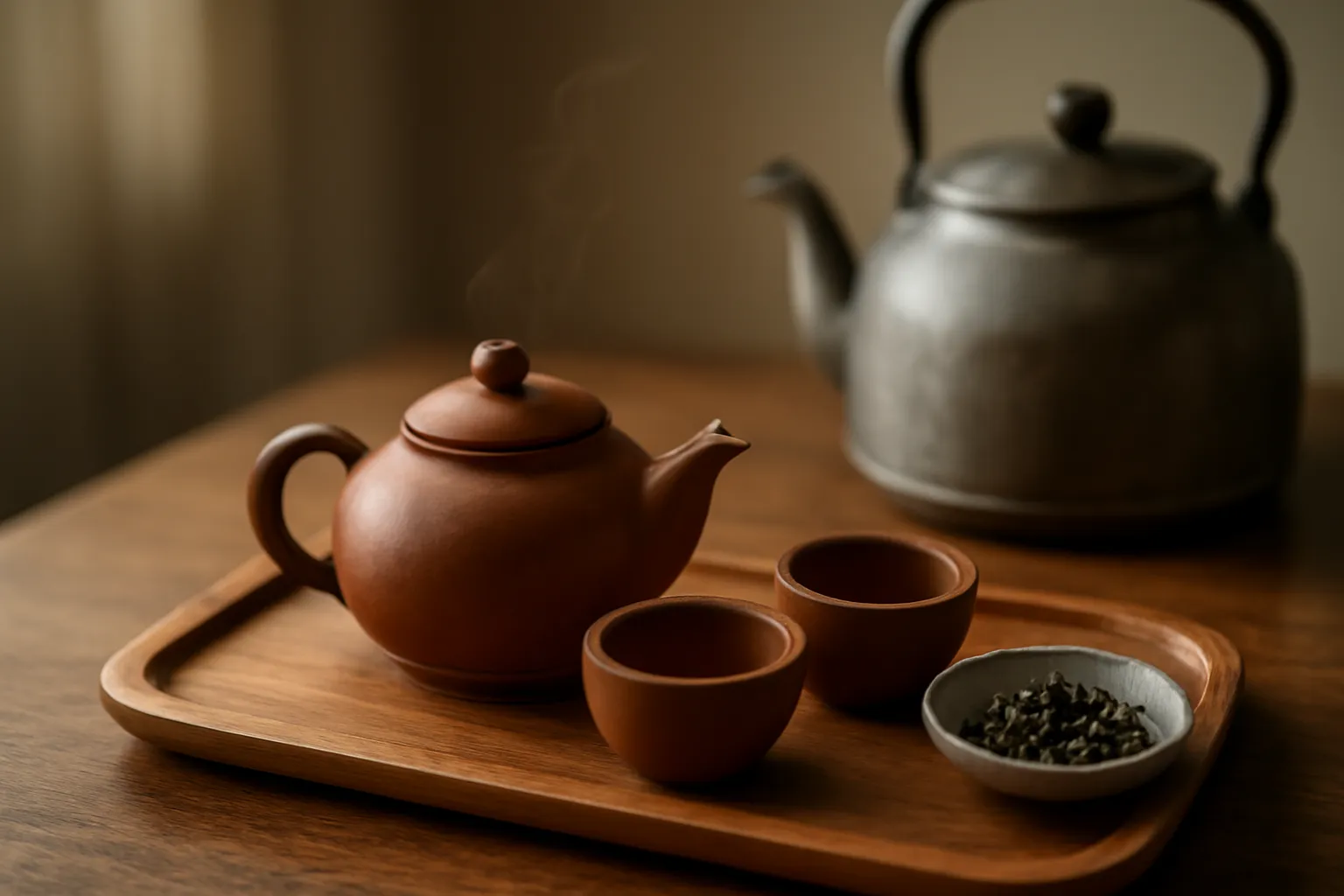 Ấm trà và chén nhỏ đặt trên khay gỗ cạnh ấm nước