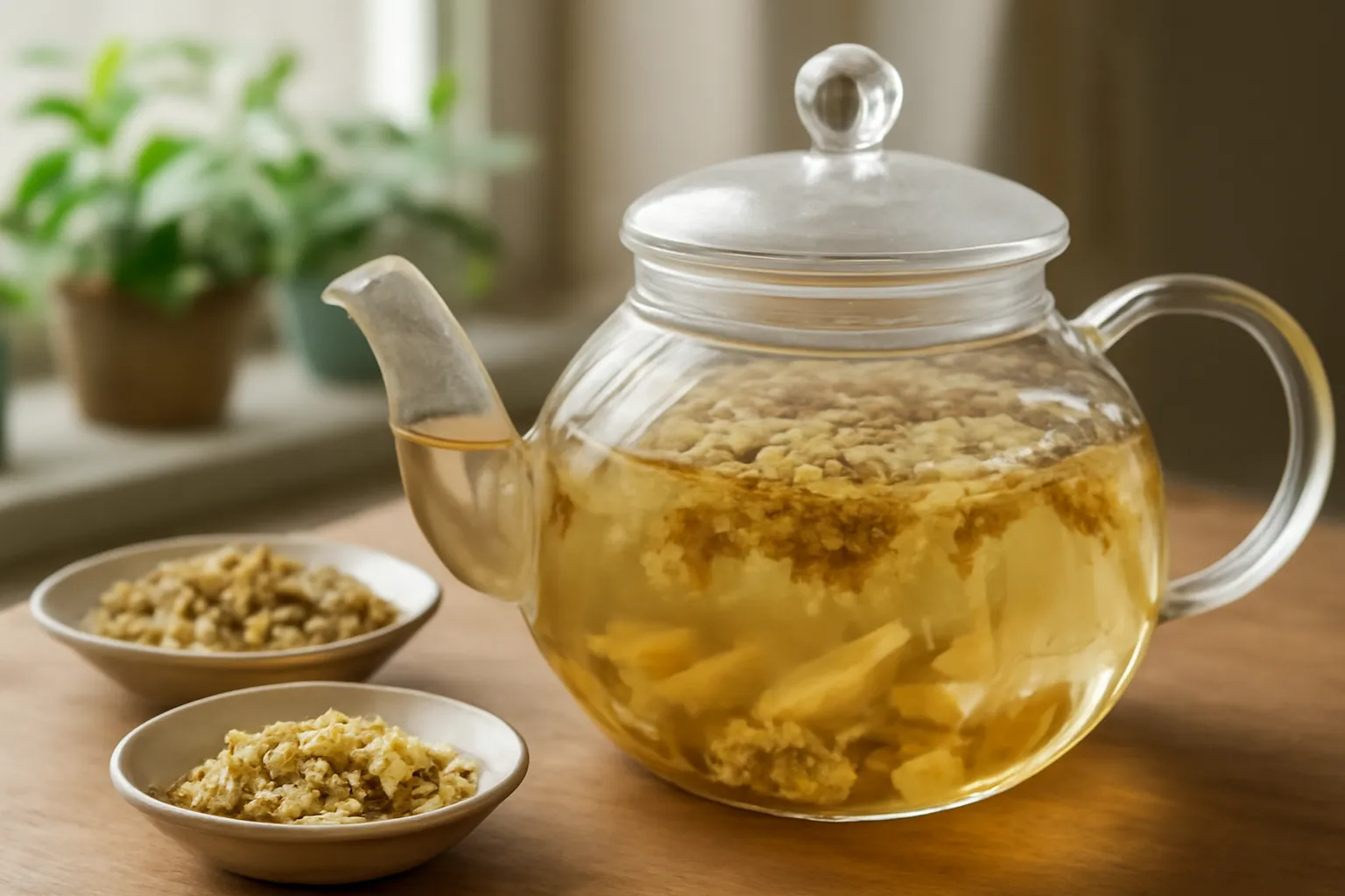 Ấm thủy tinh với hoa cúc khô và lát gừng đang hãm